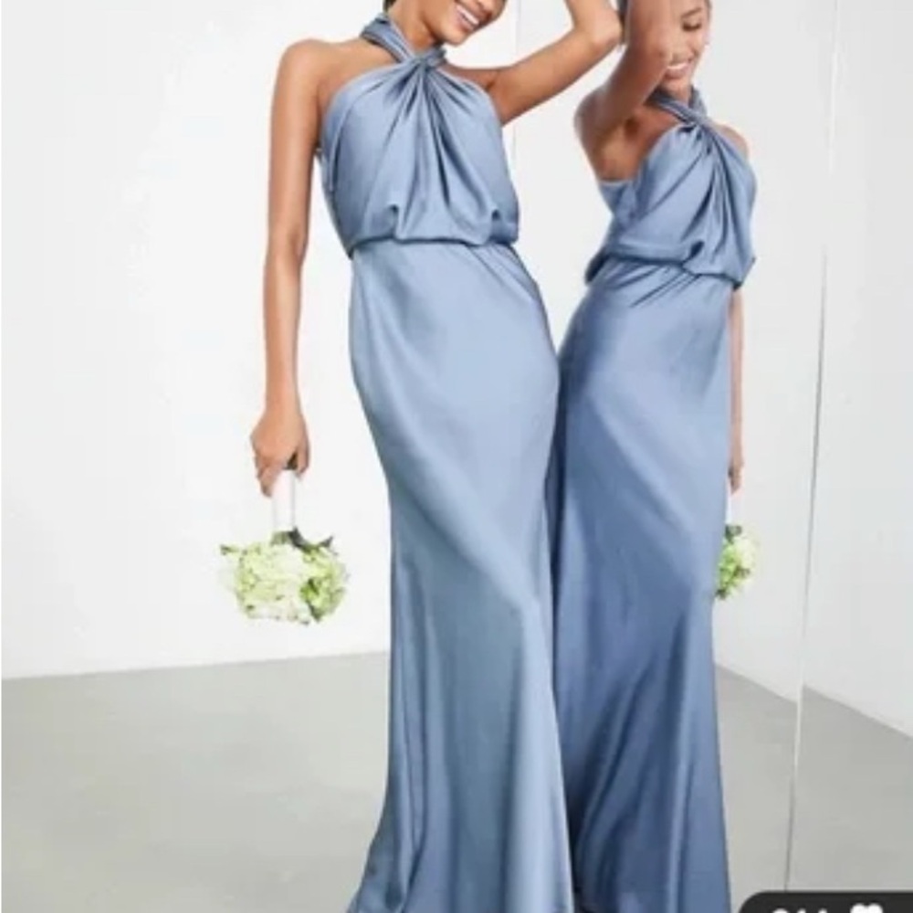 ASOS Blue Ruched Halter Satin Gown